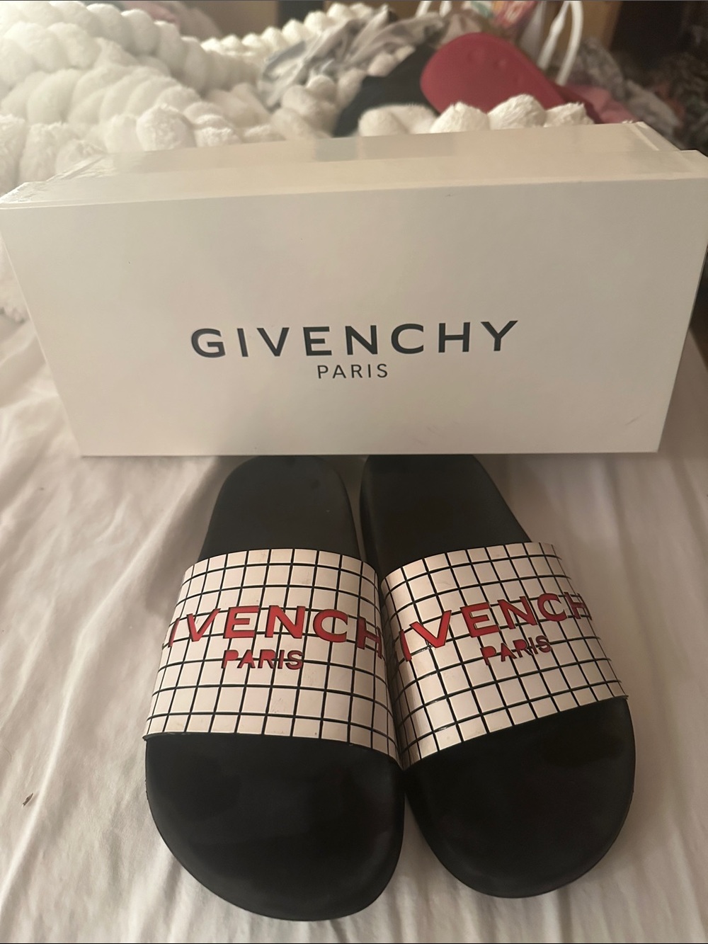 Givenchy Black White Grid Slide Sandals with Red Logo